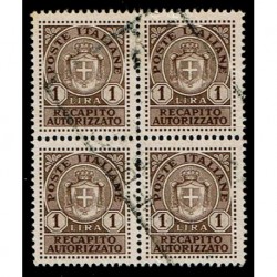 1946 Luogotenenza Recapito 1Lire Sas.7 Quartina annullata