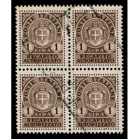 1946 Luogotenenza Recapito 1Lire Sas.7 Quartina annullata
