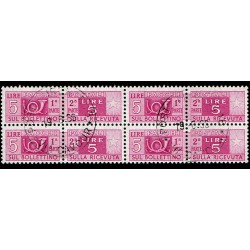 1946-51 Pacchi Postali 5 Lire ruota Sas.72 quartina timbrata